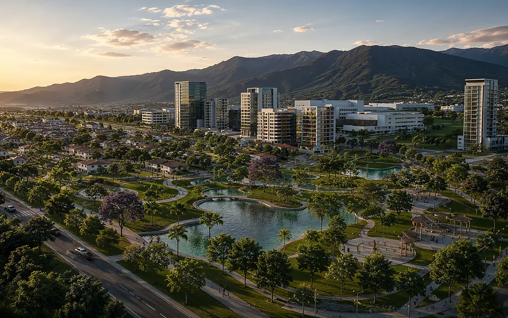 Ilustração de praças, lago e jardins em um bairro planejado aos pés da serra